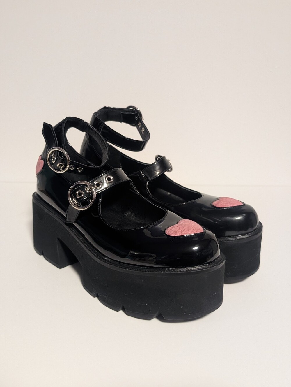 Black Patent Platform Mary Janes with Pink Heart Details